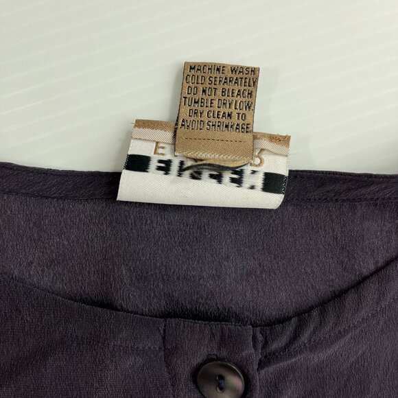 Eileen Fisher 100% Silk Plum Button Down LS Blouse Side Slits Band Collar S/M - Picture 5 of 8